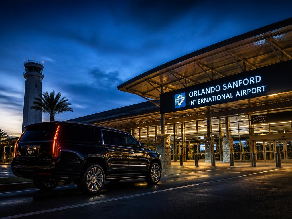 Orlando Sanford International terminal with luxury black SUV